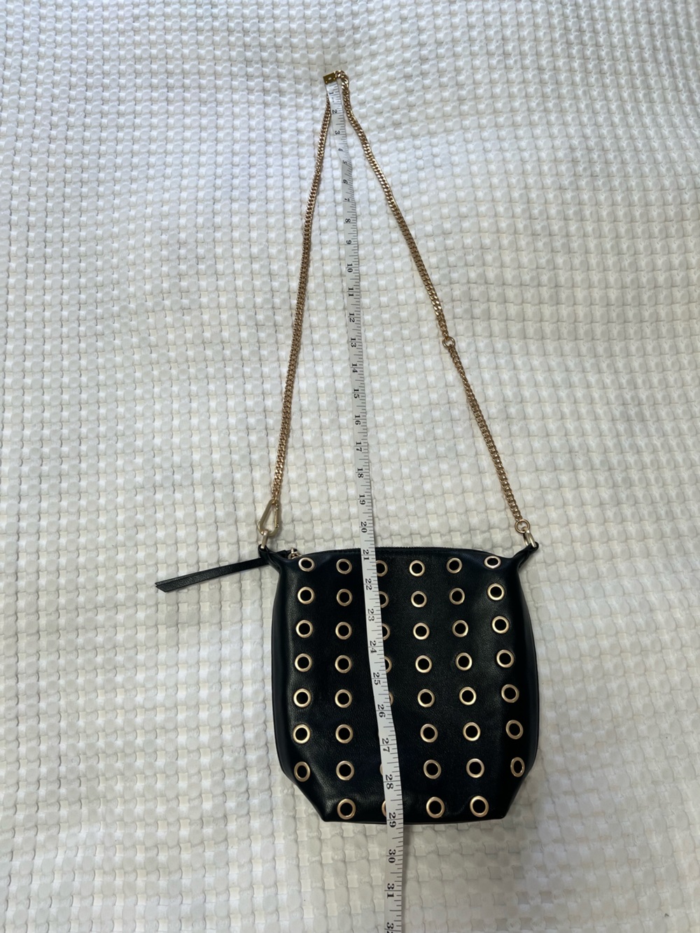 AllSaints Evaline Eyelet Leather Crossbody Bag Black Gold Chain - Picture 14 of 14